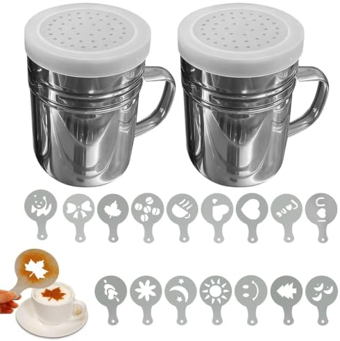 2Pack Stainless Steel Chocolate Shaker,Powder Sifter, Sugar Salt Shaker, Coffee Sprinkle, with 16 Coffee Stencils for Cake Decorating, Syrup,Cream,Cocoa,Cappuccino