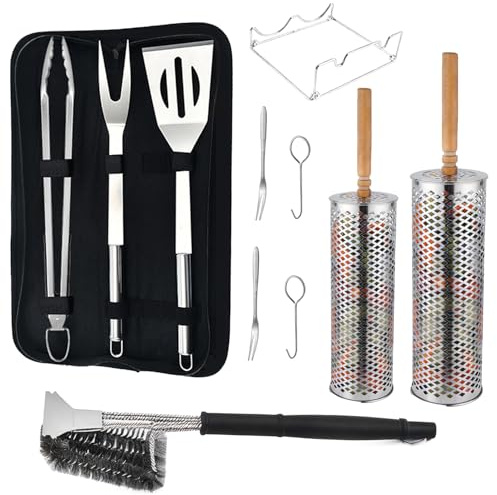 Set Barbecue Premium con Cestini Girevoli, Utensili e Spazzola Pulitura | Acciaio Inox 304 | Ideale per Barbecue a Carbonella, Gas e Elettrici | Accessori BBQ