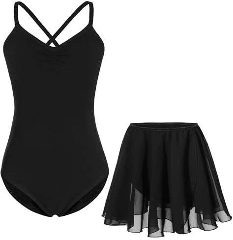 FONLAM Vestido Maillot de Ballet para Niña Conjunto de Dos Piezas Leotardo + Falda Danza Baile Maillot Gimnasia Niña Infantil (Negro, 8-9 años)