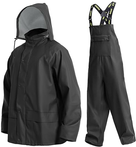 Navis Marine Ensemble de Pluie Homme Imperméable - Veste et pantalon PU étanches avec capuche amovible, idéal pour pêche, chantier, chasse et activités outdoor(Black,XXL)
