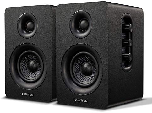 Sanyun SW208 3 Active Bluetooth 5.0 Bookshelf Speakers – 60W Carbon Fiber Speaker Unit - Built-in 24bit DAC - Dynamic 3D Surround Sound – 2.0 Computer PC Monitor Gaming Speakers (Pair, Black)