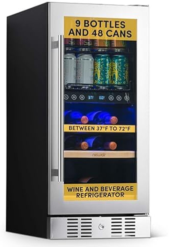 NewAir 15 Dual Zone Beverage Refrigerator & Wine Cooler for 9 Bottles & 48 Cans | Freestanding or Built-In Under Counter Mini Fridge for Beer, Wine and Soda | Stainless Steel