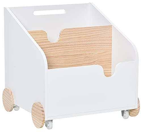 HOMCOM Scatola portaoggetti per giocattoli a 2 sezioni con ruote, maniglia in legno per bambini, 40 x 43 x 43 cm, bianco e legno naturale