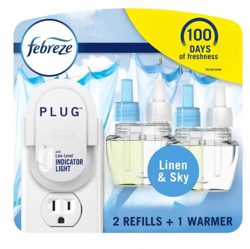 Febreze Plug in Air Fresheners, Linen & Sky Scent, Odor Eliminator for Strong Odors, 1 Warmer + 2 Oil Refills