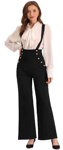 Allegra K Casual Office Jumpsuits for Women's Adjustable Straps Wide Leg Suspenders Pants Overall Small Black