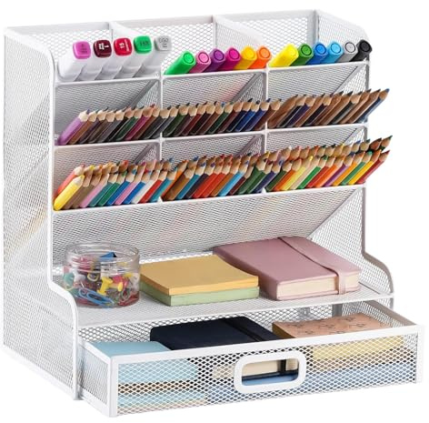 Marbrasse Desk Organiser,Pen Holders with Drawer,Stationary Storage,White | Mesh Desktop Stationery Rack for School Home Office Art Supplies