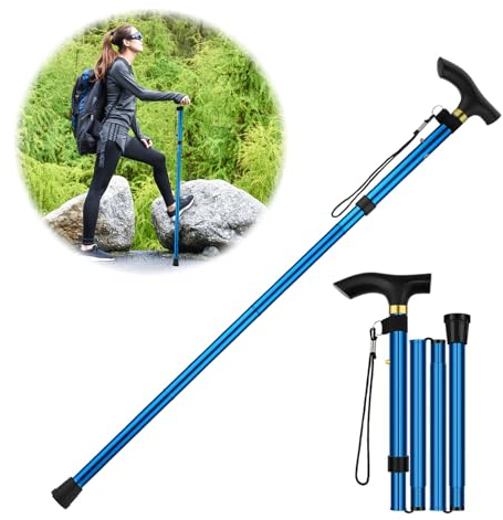 GUOYOU Klappbarer Gehstock - Spazierstock für Herren und Damen, Höhenverstellbar, Rutschfest Mit Gummifuß und Handschlaufe - Leichter Bergstock für Wandern, Camping, Bergsteigen, Blau