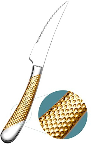 Xideman® Cuchillo Sierra 2 en 1 Ultraafilado para Carne y Mesa, 6 Piezas Cuchillos carne/chuleteros, Acero inoxidable de alto carbono, Mango macizo martillado, Aptos lavavajillas (Dorado plata)