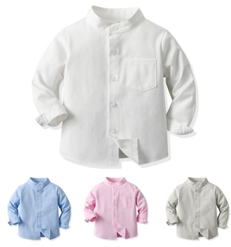 Yanmucy Boys Baby Long Sleeve Top Stand Collar Cotton Little Big Boy's Button Down Shirt Kids Causal Shirts for 2-8 Years (UK, Age, 2 Years, 3 Years, Regular, White)