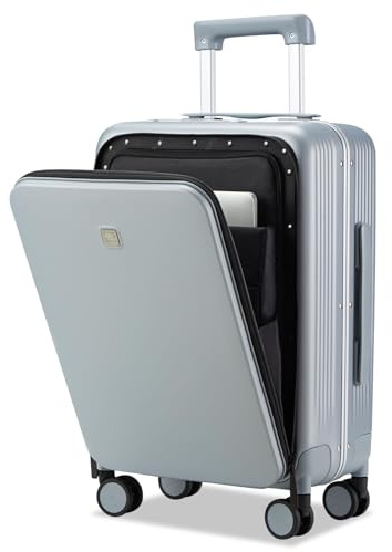 Hanke Hartschalenkoffer mit Frontöffnung, 66 cm, großer Koffer, 4 Rollen, Kabinenkoffer, Handgepäck, mittlere Größe, kariert, leicht, Reisekoffer, Aluminium mit TSA-Schlössern, grau, 40,6 cm