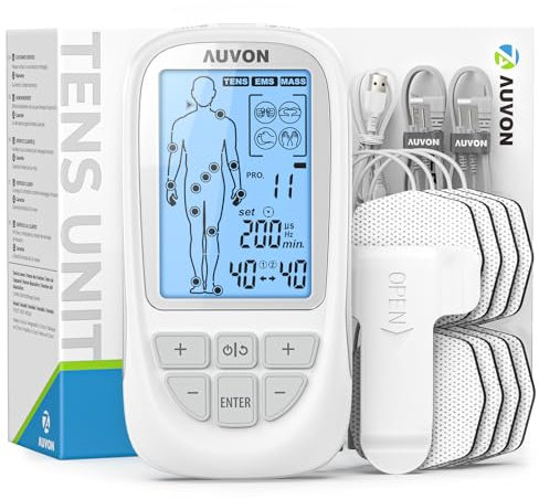 AUVON 3-in-1 TENS Gerät, Wiederaufladbare Reizstromgerät mit 73 Programmen und 40 Intensitätsstufen, zur Linderung von Schmerzen in Knie, Rücken und Schulter, inklusive 8 patentierter Design-Pads.