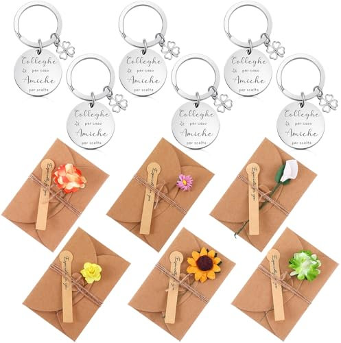 Tenare 6 Set di Regali per Amici Portachiavi e Buste per Biglietti di Auguri con Fiori Secchi Regali di Natale e Compleanno per Amici e Colleghi(Colleghe per caso Amiche per scelta)
