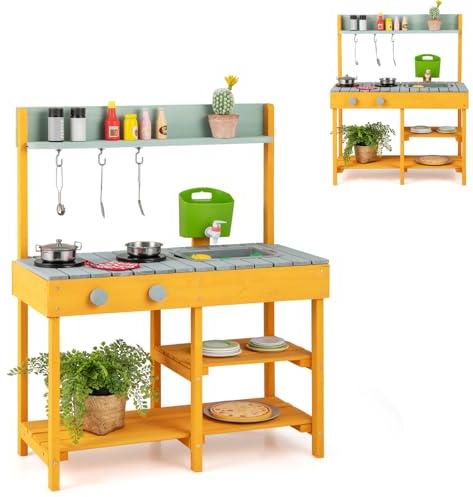 HOMASIS Cucina per Bambini in Legno, Cucinetta per Bambini con Serbatoio dell'Acqua, Cucina Giocattolo per Bambini con Effetti Sonori, Cucina da Giardino per Bambini dai 3+ Anni (Modello 3)