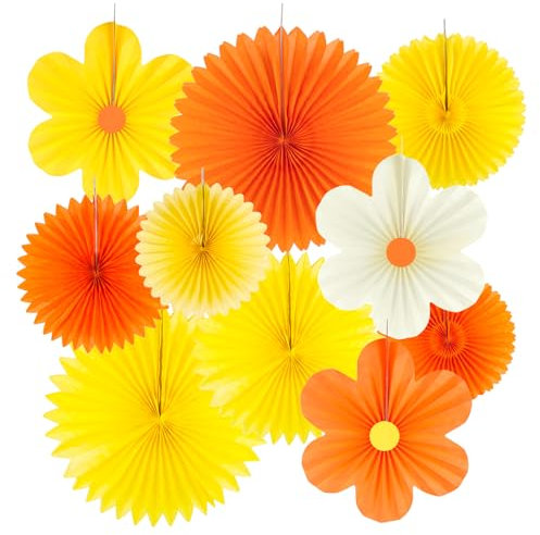 10 Pcs Paper Flowers Fans Decorations, Orange Yellow Daisy Party Decorations, Paper Flowers Hanging Decor for Birthday Classroom Baby Shower Wedding Ceiling Wall Backdrop
