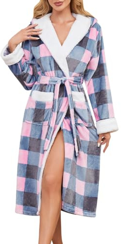 Niwicee Dressing Gown for Women Fleece Fuzzy Bath Robe Hooded Warm Soft Fluffy Bathrobes Ladies Housecoat Loungewear Bathrobe Long Robe S-XL