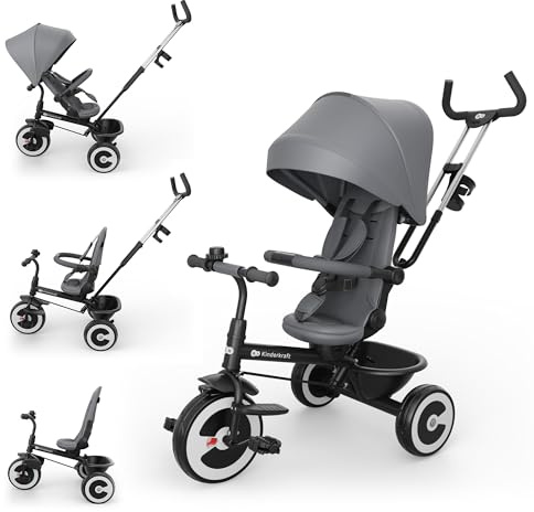 Kinderkraft ASTON 2 PRO Tricycle, 360° Rotating Seat, Reclining Both Directions, Adjustable Parent Handle, Freewheel Pedals, Canopy with Window, 9 Months to 5 Years, Grey