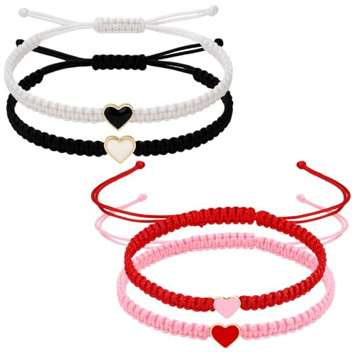 Set di 4 braccialetti dell'amicizia, per coppie, bracciali dell'amicizia, da donna, bracciali dell'amicizia, materiali, rosso, nero, rosa, bianco, ideali come regalo per fidanzate, paa