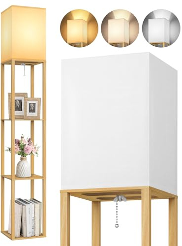 OUTON Lampada da terra con 3 ripiani,piantana design moderno con ripiano in legno, libreria alta a 3 temperature di colore, LED lettura regolabile – Salotto, Camera, Ufficio (Legno)