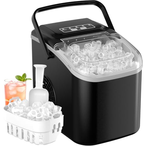 Acmeenjoy Macchina del Ghiaccio per Casa 12kg/24h, Autopulente Ice maker Silenzioso, S/L Ghiaccio, 8 Cubetti 6-8 Minuti, con Maniglia/Paletta/Cestello, per Cucina/Ufficio/Feste, Nero