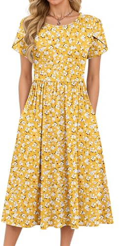 MOLERANI Summer Dresses for Women UK Round Neck Short Sleeve Elegant Tunic Dress Classic Midi Dress with Pockets