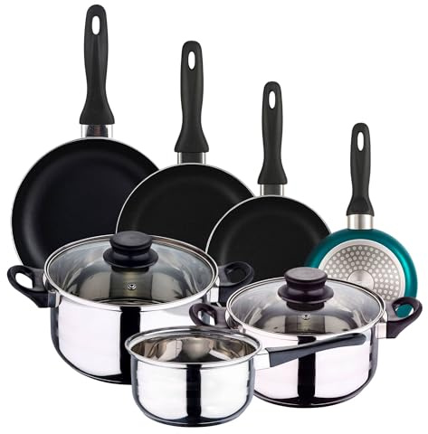 Well Home Pack Batería de cocina 5 Piezas en acero inoxidable + Sartenes Ø16Ø20Ø24Ø28cm Aluminio prensado Azul metalizado