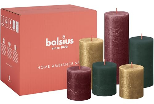 Bolsius – rustik ljusset – Jolly – dekorativa ljus – 6 ljus – jul – utan palmolja – innehåller naturligt växtvax