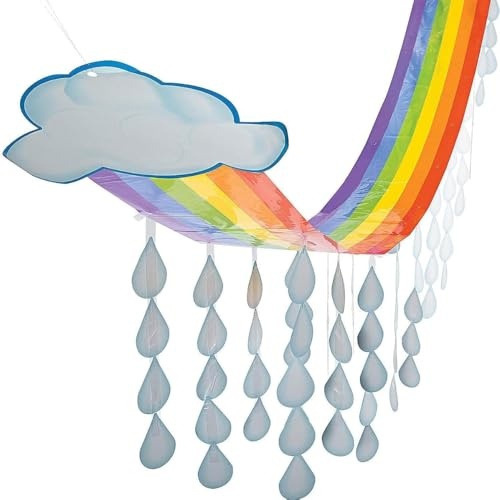 Fun Express Rainbow Cloud & Raindrops Ceiling Hanging Decorations 12 Ft x 32 - Spring Classroom Decor for Party, Daycare & Sunday School | Colorful Paper Decorations for Kids Events