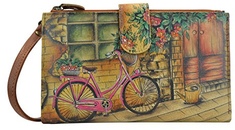 Anuschka Damen Cell Phone Wallet Handbemaltes Leder | Handy-und Kreditkartenfach | Clutch oder Crossbody-Stil | Abnehmbarer Riemen, Vintage Bike, Einheitsgröße