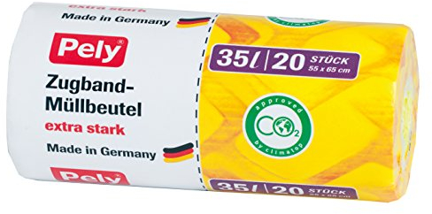 340 Stück Pely Müllbeutel klimafreundlich extra stark mit Zugband für 35 Liter PEL8534, Extra stark 55cm x 65cm. 1 Karton mit 17 Rollen. Jede Rolle hat 20 reißfeste pely Zugbandbeutel