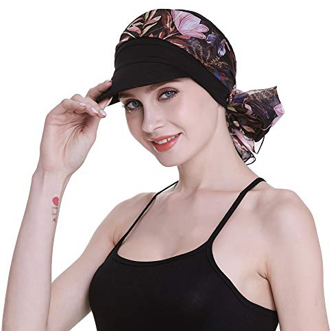 FocusCare Headwear for Women with Cancer Alopecia Cowboy Cap Hair Loss Turbans with Scarves Black