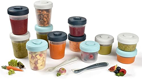 BÉABA, Lot de 12 Portions Conservation et 2 Cuillères Silicone, Clip, Pots empilables et emboîtables, 100% hermétique, Graduation, Congélation, Lait Maternel (2x90 ml & 4x150 ml & 6x250ml), Storm