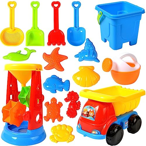 ikasus Sandspielzeug Set,16 Stück Wasserspielzeug Geschenkset Kinder Strand Sandkasten Spielzeug Set Enthält Eimer Formen Spaten Harke Sandspielzeug Junge Set für Kinder Kleinkinder Wasser Spielzeug
