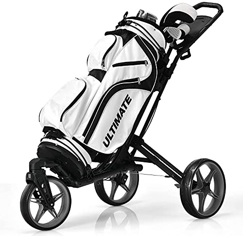 Tangkula Golf Push Cart with 360° Swivel Front Wheel, Aluminum Collapsible 3 Wheels Golf Pull Cart, Golf Trolley w/Elastic Strap, Scoreboard Storage & Foot Brake, Height-Adjustable Handle (Grey)
