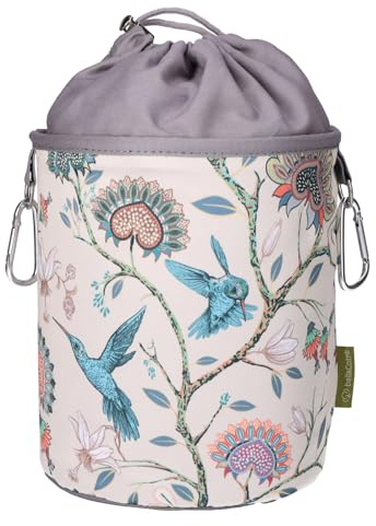 bellaCott Tragbarer Wäscheklammerbeutel Kolibris türkis – Ø18 x 31 cm, 100% Baumwolle, mit Kordelzug & Karabinern, Aufbewahrungstasche mit Vogelmotiv für Haushalt, Garten & Camping