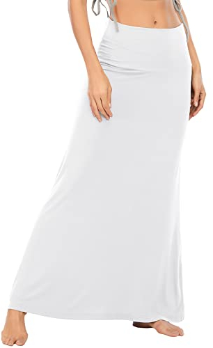 Durio Rock Maxirock Lang Damen Rock Weich Damenrock Freizeitrock mit hohem Bund Skirt Elastisch Weiß 36-38 (Tag Size S)