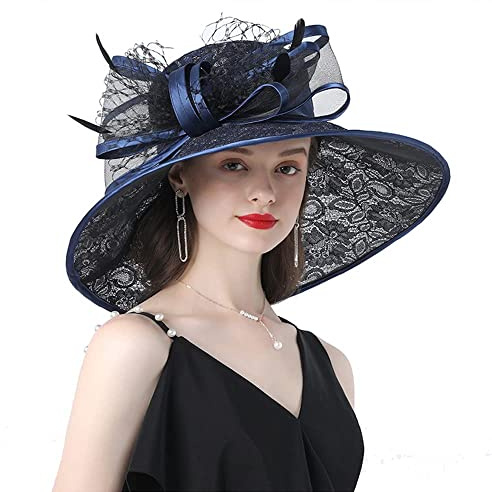 BOMBIKINI Retro Wide Brim Sun hat Women's Organza hat Church hat Bridal Wedding hat Party CapTravel Beach hat,Navy Blue