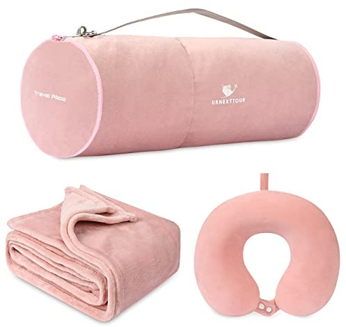 Reisedecke und Kissen, hochwertige, weiche Flugzeugdecke mit strapazierfähiger Reisetasche, Handgepäckgürtel, kompakte Packung, große Decke für Reisen (Rosa)
