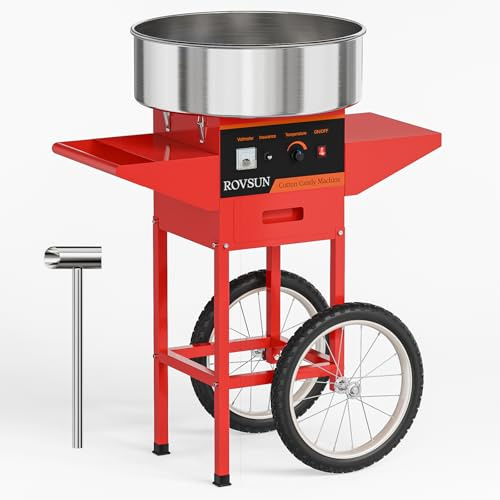 ROVSUN 21 Inch Cotton Candy Machine Cart, Commercial Cotton Candy Maker Machine Candy Floss Machine w/Stainless Steel Bowl, Sugar Scoop and Large Storage Drawer for Home Party Carnival, Red