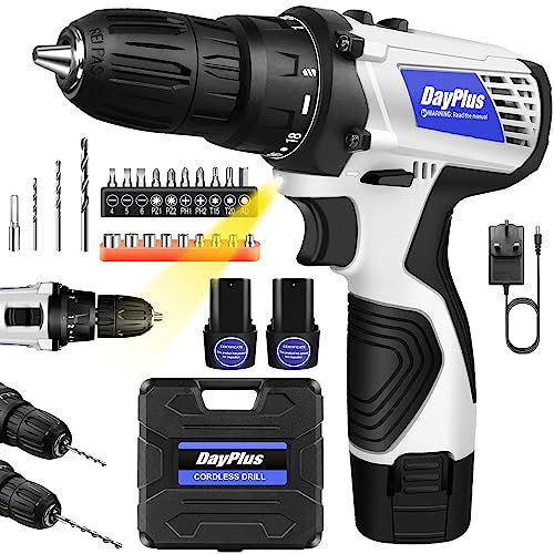 Mini Cordless Drill Driver Kit w/ 2 Li-ion Batteries, 12V Electric Screwdriver Driver Tool Kit with LED Work Light, Max Torque 45 N.m, 3/8 Inch Keyless Chuck, 18+1 Position, Dual Speed 0-400/1400rpm