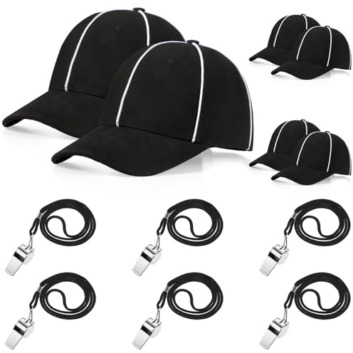 Suhine 6 Sets Football Referee Costume Kit Adjustable Soccer Hat Stainless Steel Whistle with Lanyard Penalty Tossing Flags for Halloween Umpire Judges Linesman Fan Sports Games Party