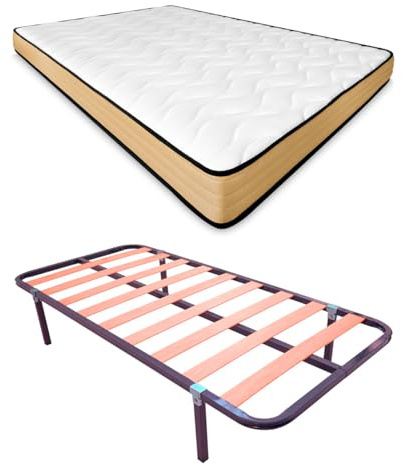 Duérmete Online - Cama Completa con Colchón Viscopeque Reversible (Cara Invierno/Verano) + Somier Basic con 4 Patas Abrazadera, 90 x 190