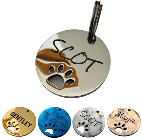 UNIKTAG Médaille en acier inoxydable pour chien, médaille gravée, Etiquette d'identification personnalisable, médaillon gravé (Argent)