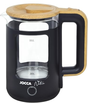 Jocca - Hervidor de agua eléctrico 1,8 L con base giratoria 360° | Cristal borosilicato | Desconexión automática | Indicador luminoso | 1500 W | Diseño Nature negro