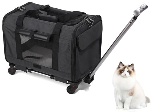 Haustier-Tragetasche auf Rädern, tragbare Haustier-Reisetasche, Rollende Haustier-Tragetasche mit Teleskopgriff & abnehmbaren Rädern & Schultergurt, faltbare atmungsaktive Tasche für kleine &