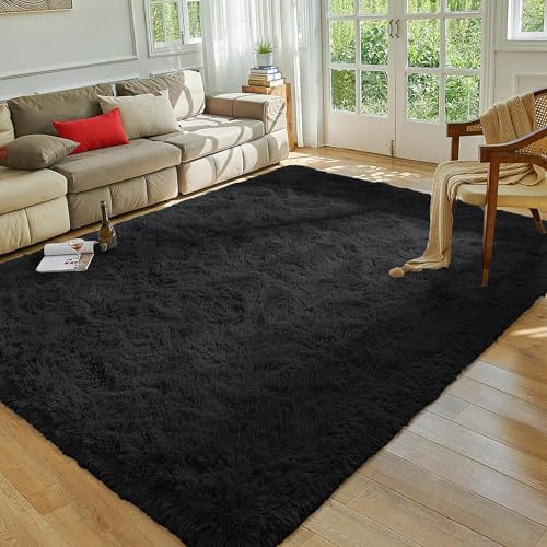 MOONLIGHT20015 Rugs Living Room Large 200x290 CM – Fluffy Black Area Rugs for Bedroom, Hallway, Lounge – Modern Super Soft Thick Pile Non Slip Non-Shedding Shaggy Rug