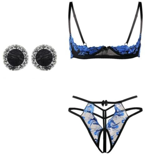 mini kitty Women Sexy Lingerie Set Quarter Push Up Bra and Panties Floral Lace Embroidery Underwear Set Cutout Balconette Shelf Bra Knickers with Nipple Cover 3 Pieces (Blue, One Size)