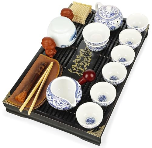fanquare Service à Thé Gongfu Blanc et Bleu 20 Pièces Théière en Porcelaine Chinoise Fleur de Lotus, Tasses à Thé et Plateau à Thé pour Adultes Cadeaux