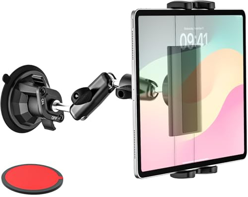 Dosvsi Car Tablet Holder Windshield, Metal Adjustable Arms Dashboard Tablet Mount for Truck, Strong Suction Cup Vehicle Dash Stand for iPad Pro 12.9 Mini Air, Galaxy Tab/Z Fold, iPhone, 4-13 Device