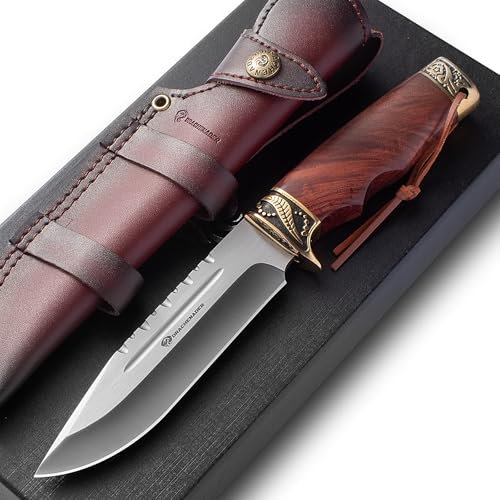 DRACHENADER Jagdmesser Feststehende Klinge YU-LN, 14, 7cm Klingenlänge Gürtelmesser mit Lederscheide, 5Cr14MoV Stahl, Holzgriff, Outdoor-Messer Survival für Camping