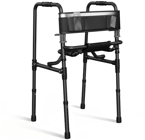 Walkers for Seniors with Seat, Portable Walker with Adjustable Height, 31.4-38.1 Inches, Mobility Aid for Adults, Elderly, and Handicapped, Foldable, Aluminum Frame with Storage Bag, Only 6.6LBS